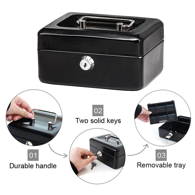 Decaller Small Cash Box with Key Lock, Decaller Portable Metal Money Box with Double Layer & 2 Keys for Security, Black, 6" x 4 4/5" x 3 1/5", QH1509XS - Image 4